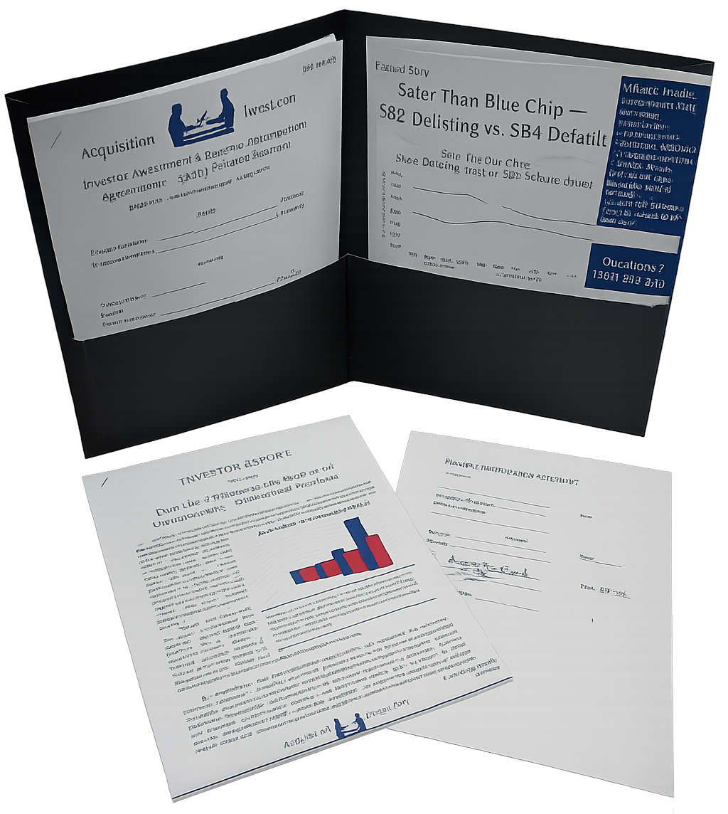 Printed AcquisitionInvest investor kit packet with gold seal, financial charts, and acquisition materials arranged in a promotional mockup